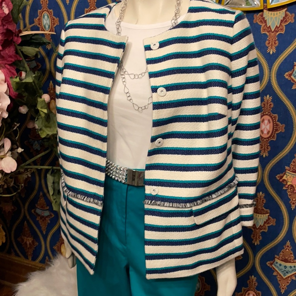 Talbots Ivory Navy Turquoise Striped Fringe Jacket. Bundle and save 10%